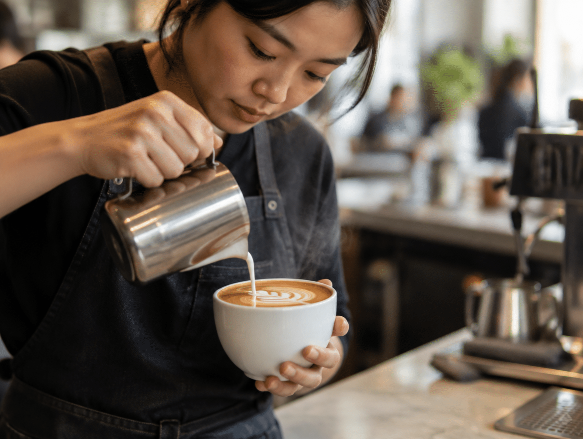 Barista pouring latte art at a specialty coffee counter