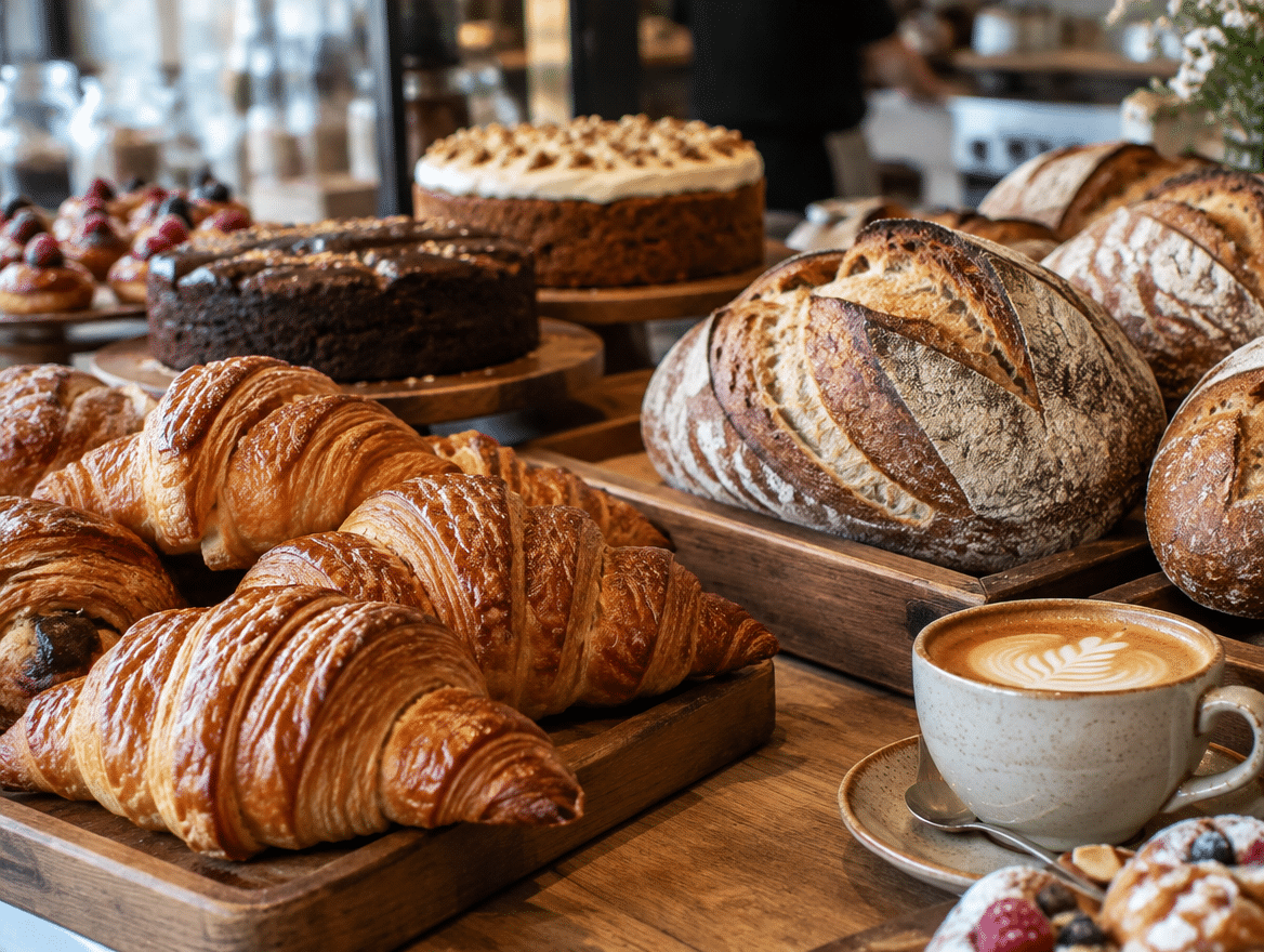 Bakery counter with fresh croissants, sourdough and cakes