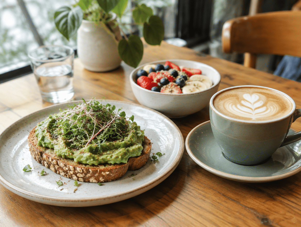Avocado toast and coffee brunch spread on a wooden table