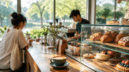 Heartland cafe counter with coffee and pastries near Bidadari Park