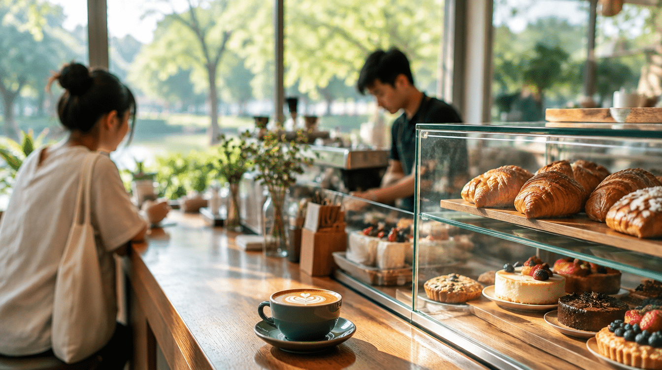 Heartland cafe counter with coffee and pastries near Bidadari Park