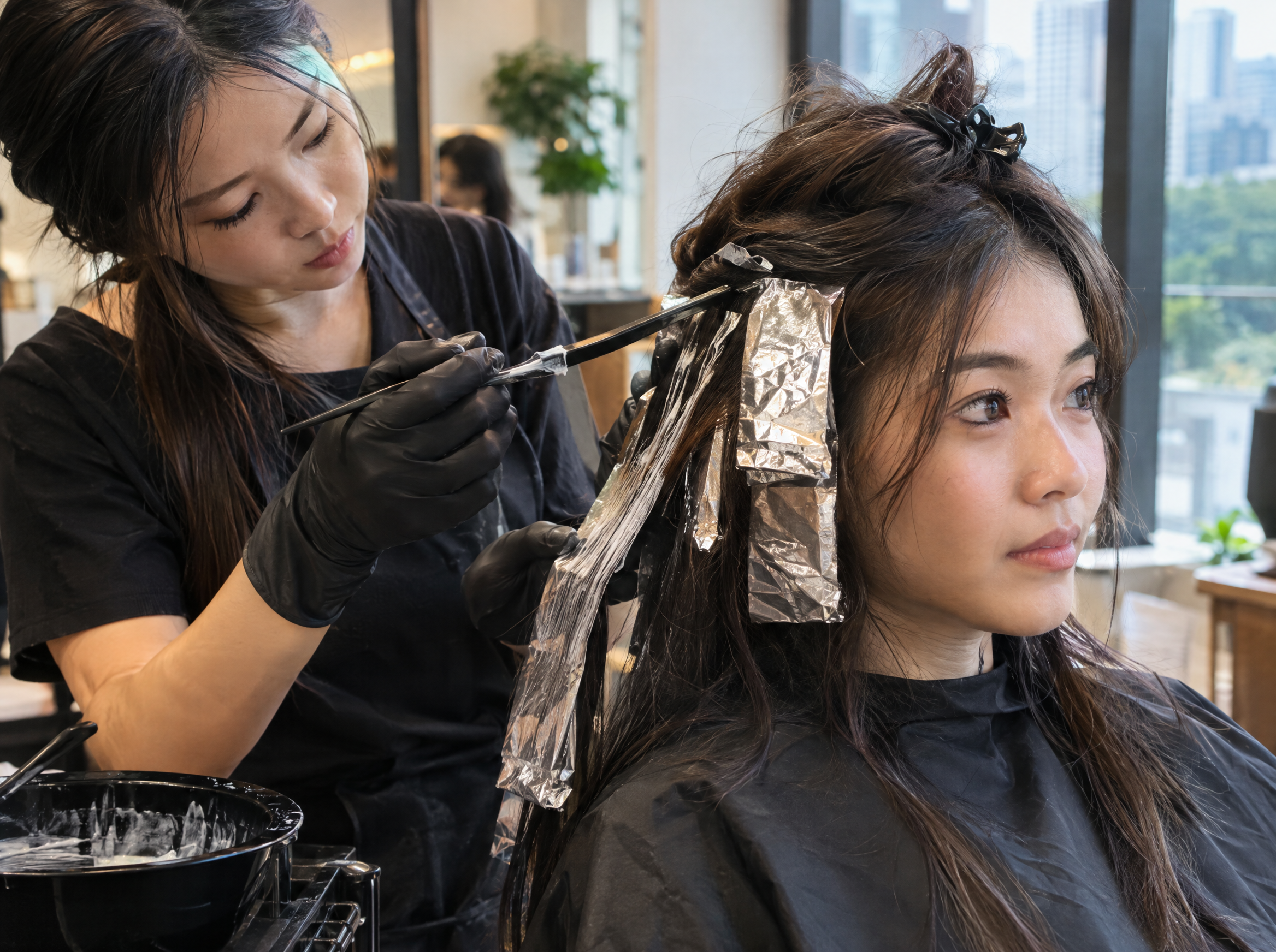 Hairstylist applying hair colour with foils at a Bidadari hair salon