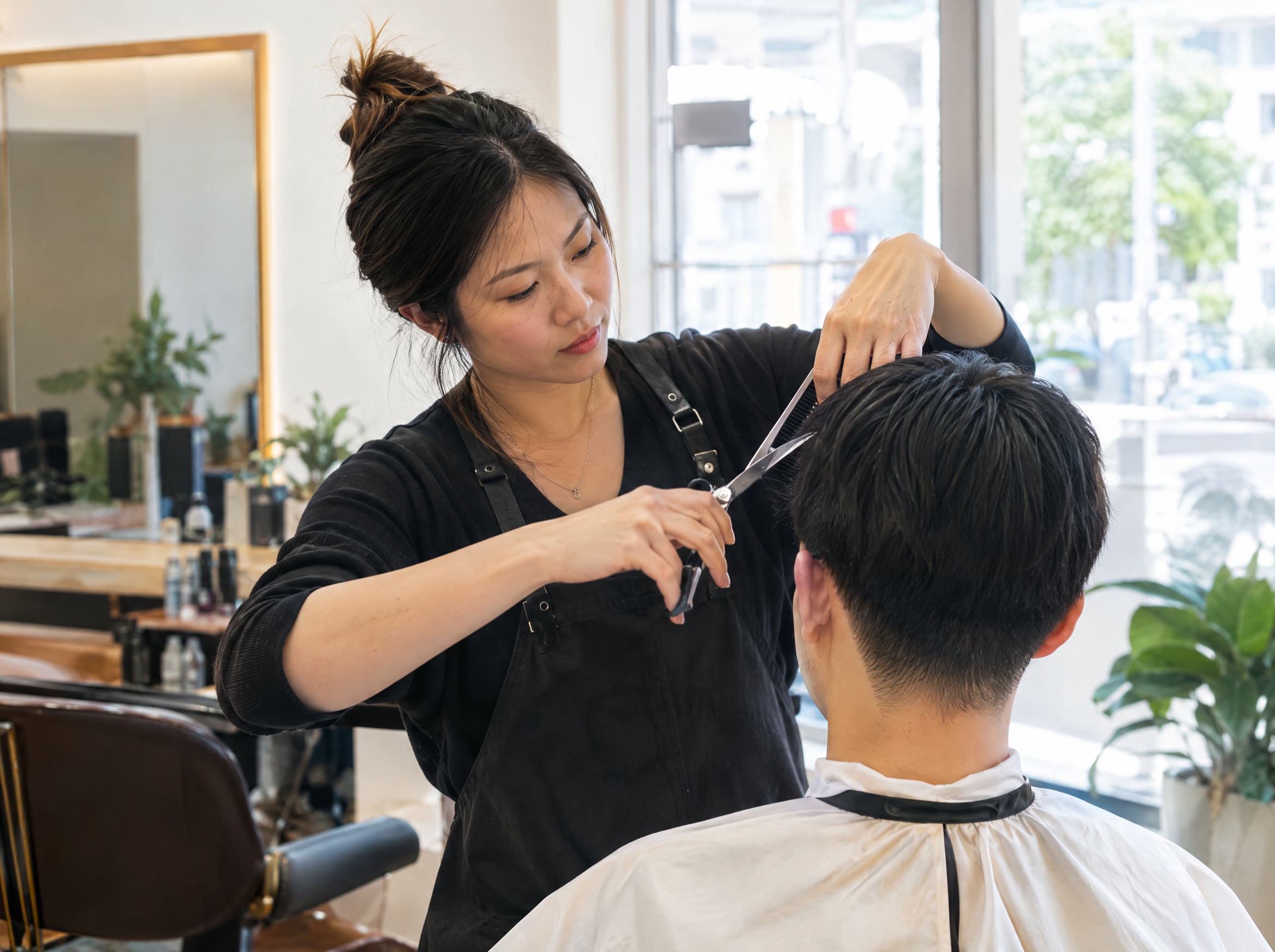 Hairstylist cutting a client's hair at a Bidadari neighbourhood salon