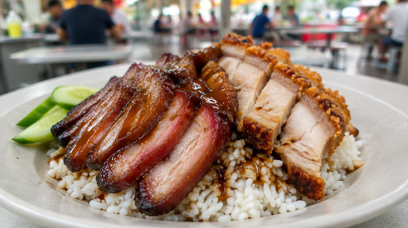 Char siew and roast pork rice plate, illustrative image
