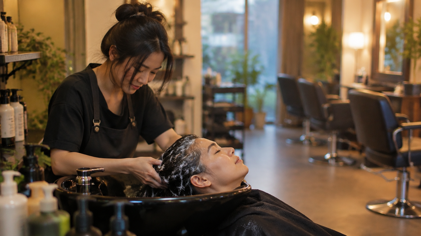 Hairstylist washing a client's hair at a unisex salon in MacPherson