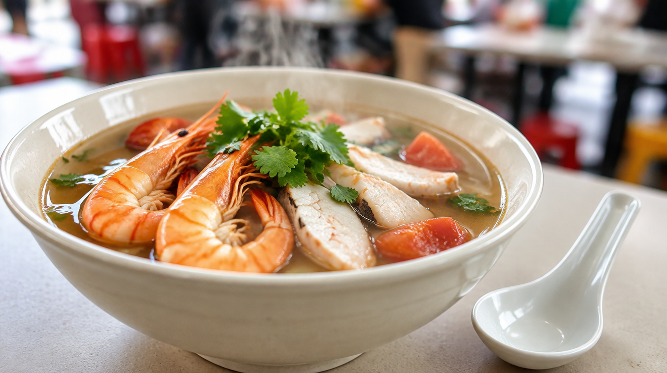 Bowl of seafood soup representing Yan Ji Seafood Soup in Marsiling