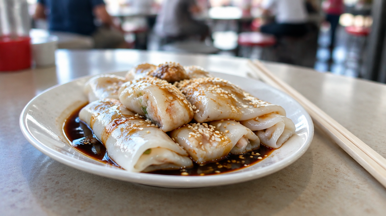 Plate of Hong Kong style rice noodle rolls representing Freshly Made Hong Kong Style Zhu Chang Fen in Marsiling