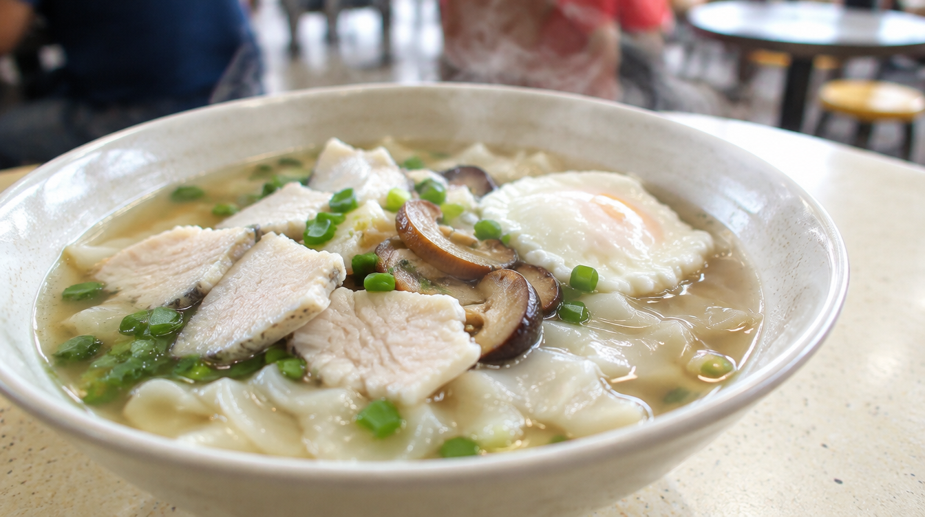 Bowl of mee hoon kueh fish soup representing Ah Yi Handmade Noodle Fish Soup in Marsiling