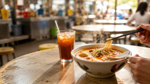 Hawker centre table scene in Marsiling, Singapore