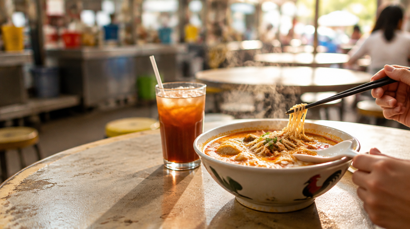 Hawker centre table scene in Marsiling, Singapore