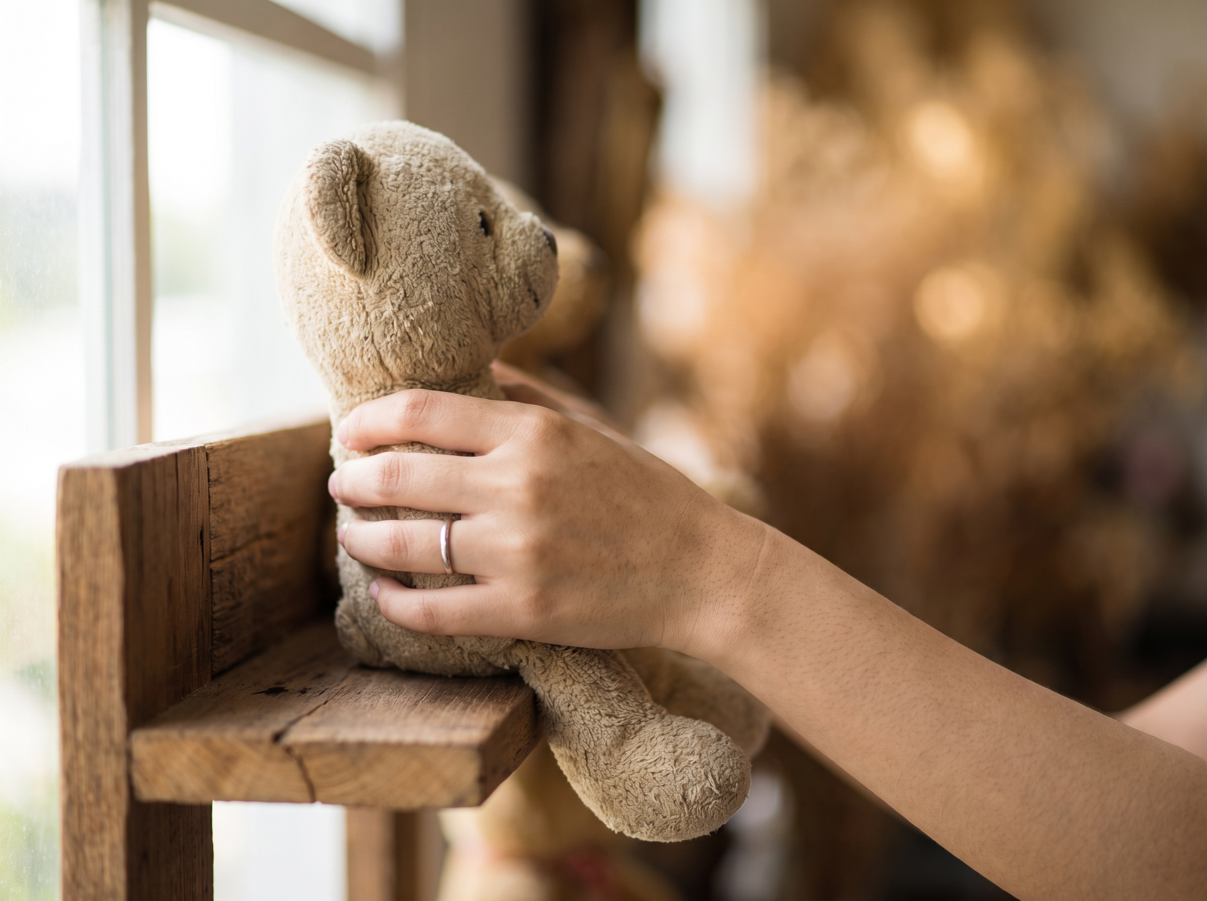 Plush teddy bear on a wooden shelf at a gift shop in Pasir Ris