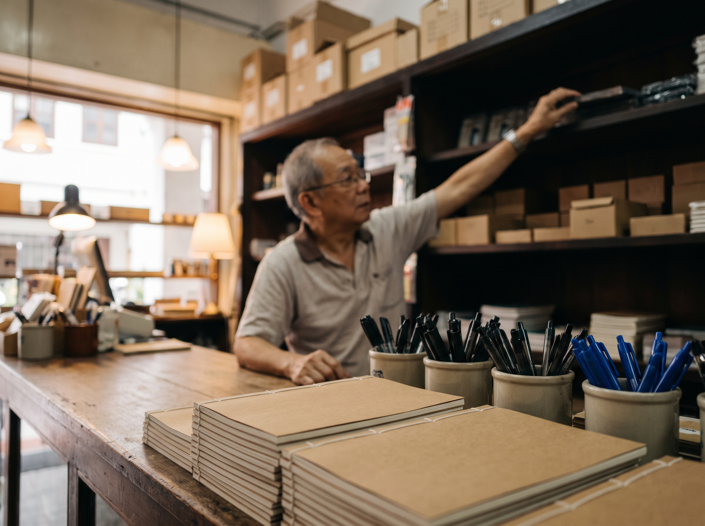 Stationery shop shelf with notebooks and pens in Pasir Ris