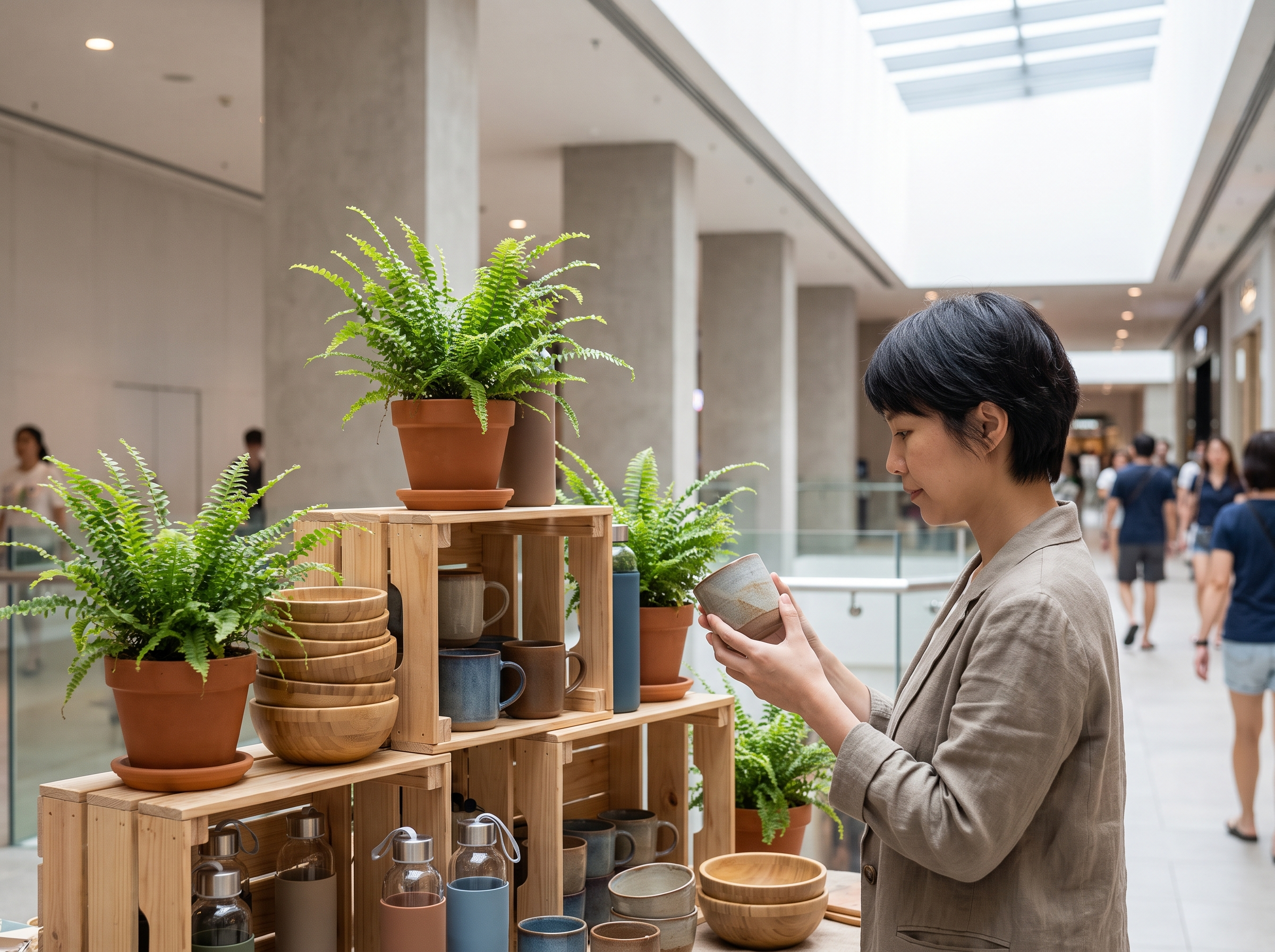 Eco-friendly homeware display with plants and ceramics in a Pasir Ris mall