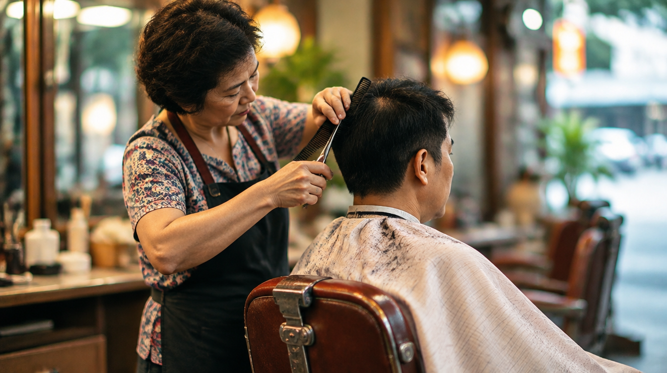 Neighbourhood hair salon haircut scene in Potong Pasir