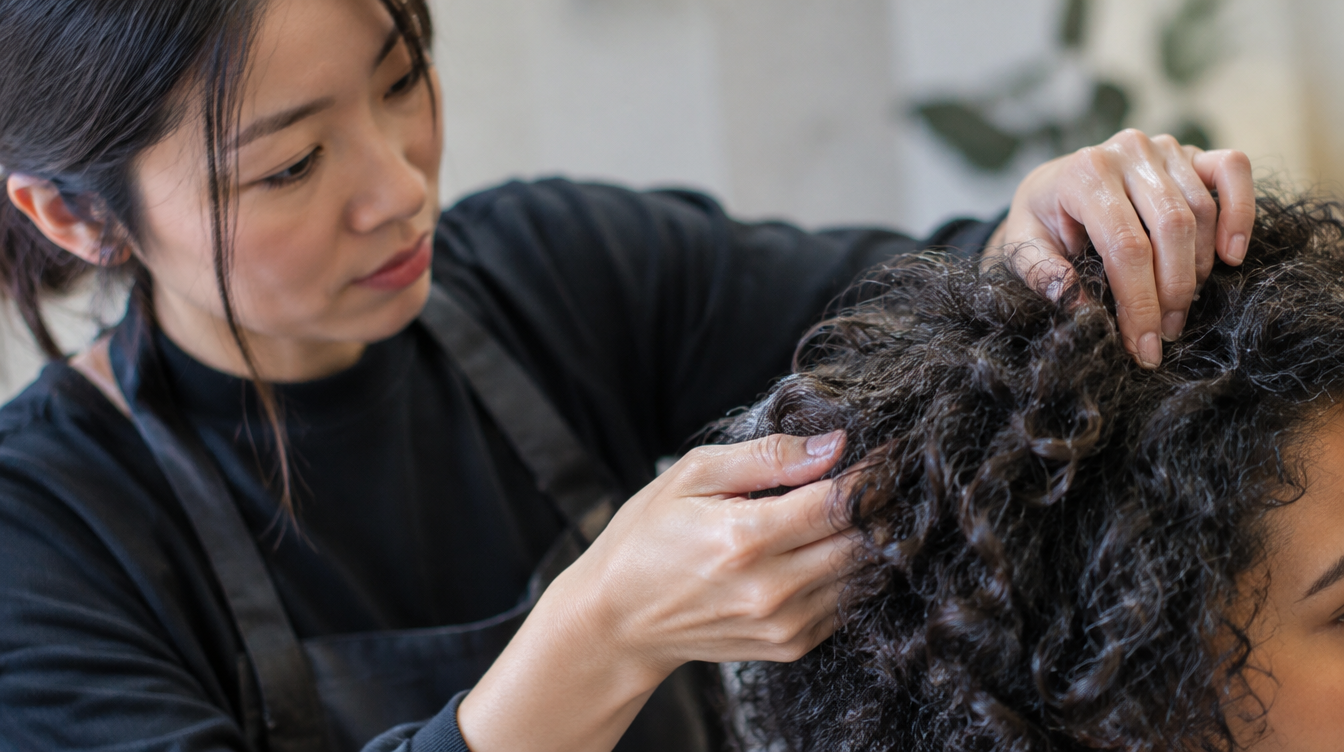 Hairstylist working on a client's curly hair at a Whampoa hair salon