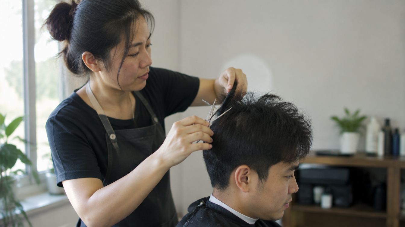 Barber giving a customer a simple haircut at a unisex salon in Whampoa