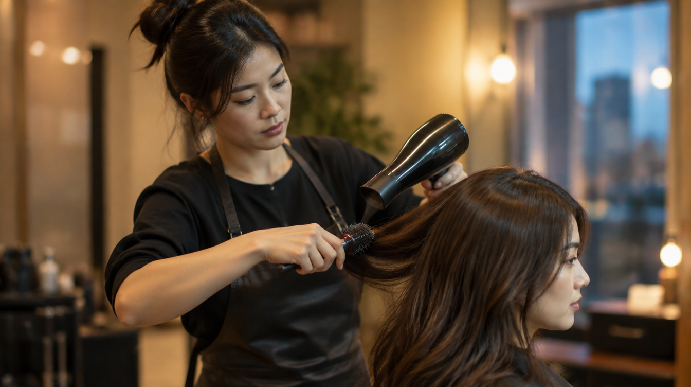 Hairdresser blow-drying a client's hair in the evening at a Whampoa salon