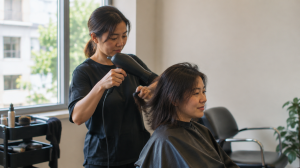 Hairdresser blow-drying a customer's hair in a heartland hair salon near Whampoa