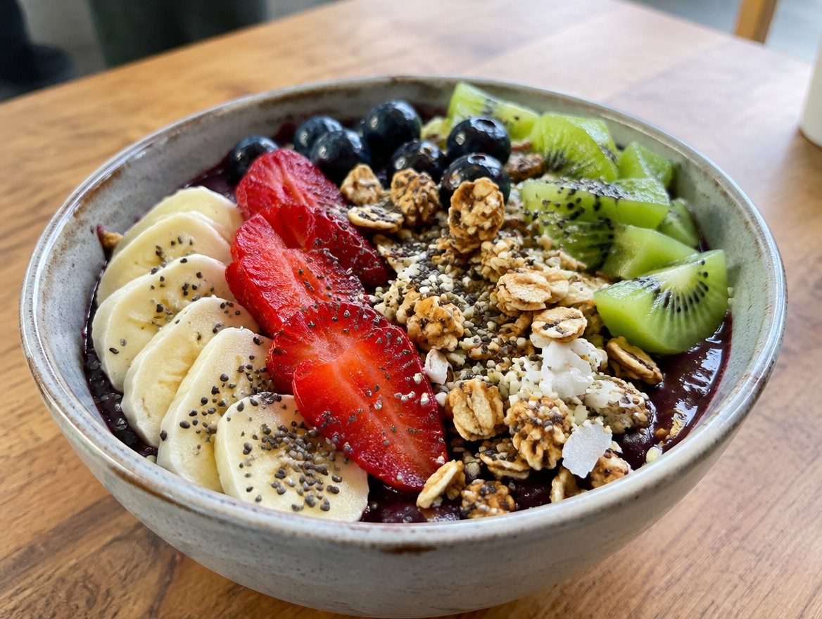 Acai bowl topped with fruit and granola