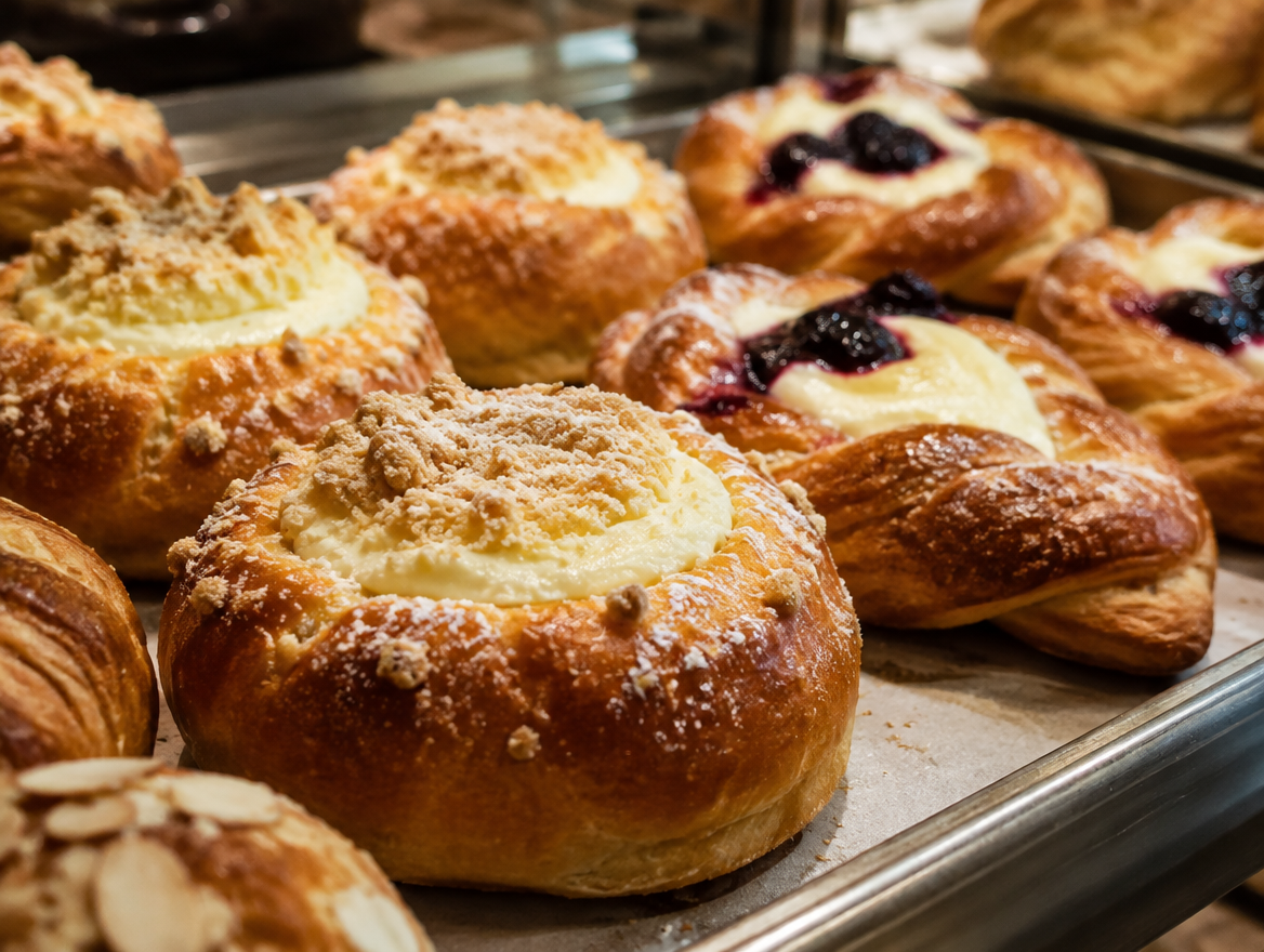 Bakery display of fresh buns and pastries