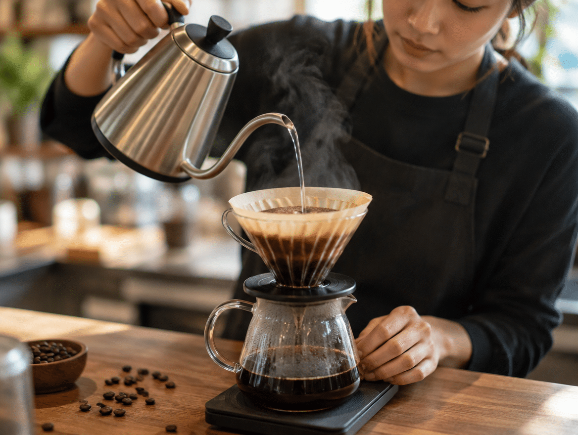 Pour-over coffee being brewed at a specialty cafe