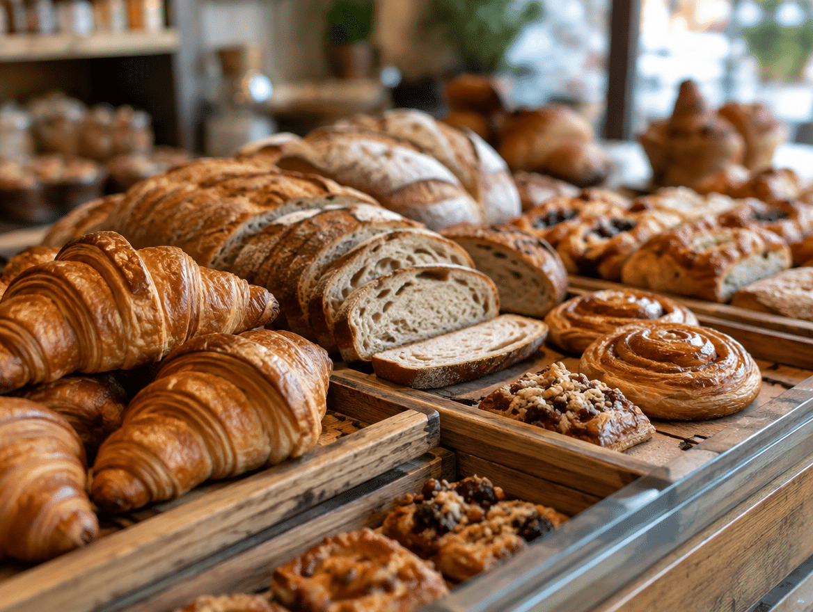 Bakery counter with bread and pastries