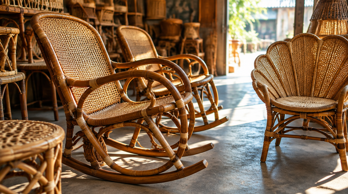 Handwoven rattan rocking chairs, illustrative of a Joo Chiat furniture shop