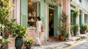 Pastel heritage shophouse facade in Joo Chiat with boutique shopfronts