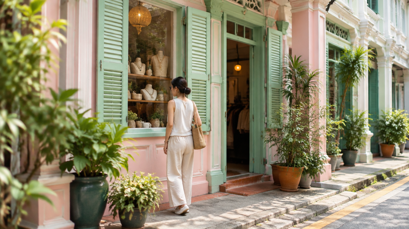 Pastel heritage shophouse facade in Joo Chiat with boutique shopfronts
