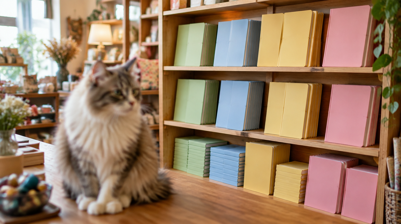 Pastel notebooks on a shelf with a cat in the foreground, illustrative of a Joo Chiat gift shop