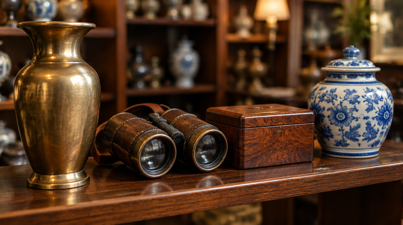 Vintage brass vase and ceramics on a shelf, illustrative of a Joo Chiat homeware shop