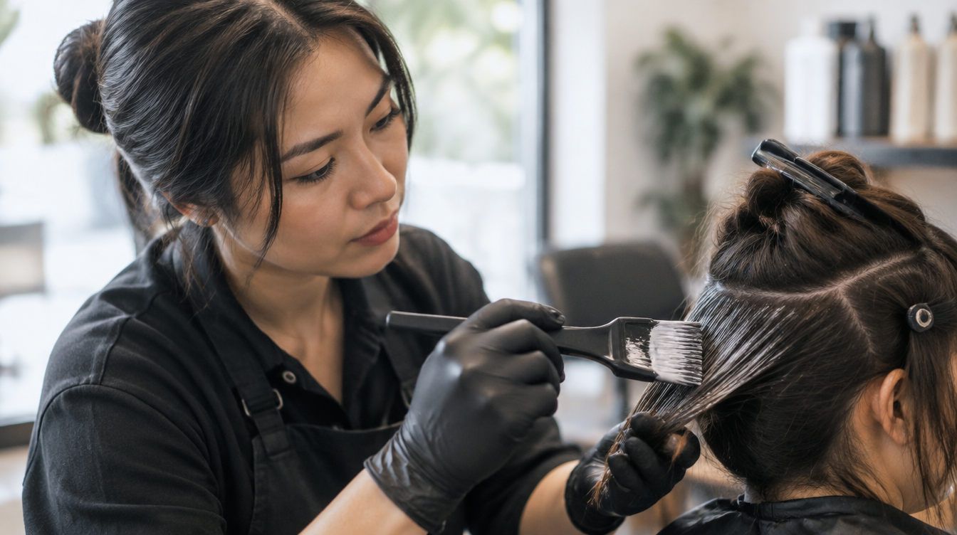 Stylist applying hair colour to a client in a salon chair