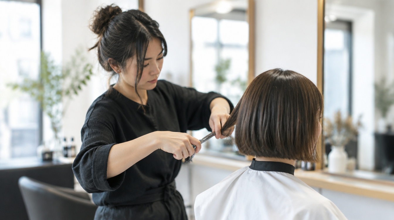 Stylist cutting a client's hair in a calm salon setting
