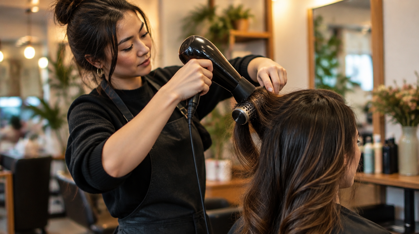 Stylist blow-drying and styling a client's hair