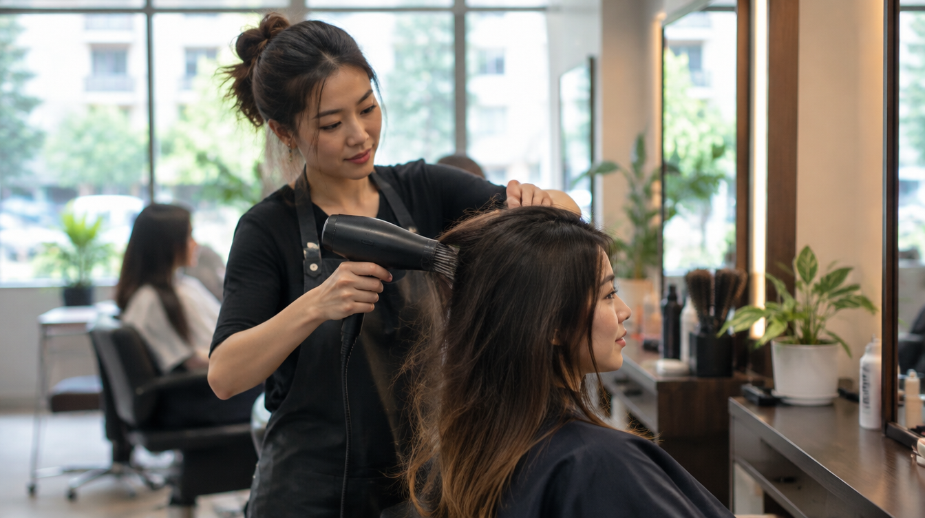Hairstylist blow-drying a client's hair in a bright Holland Village salon