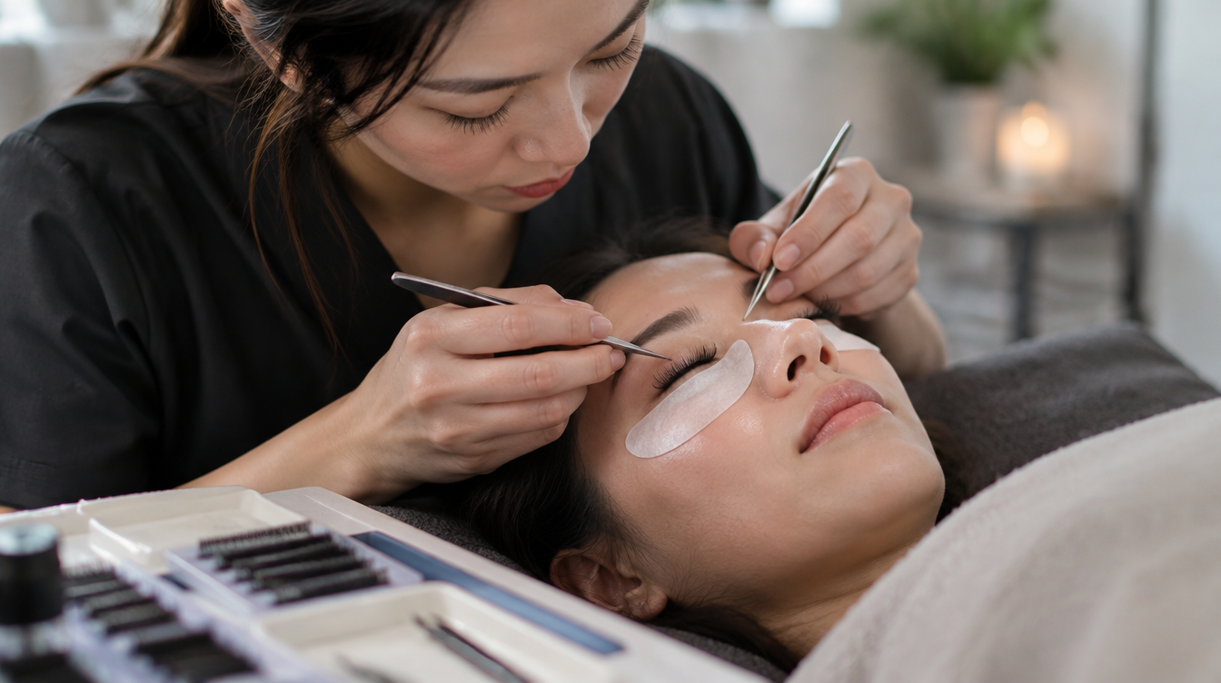 Close-up of lash extension application, illustrative image