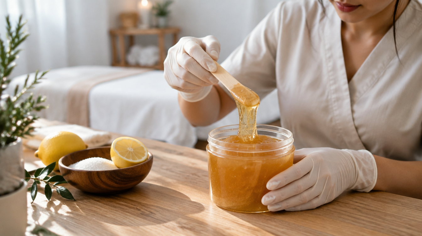 Sugaring hair removal treatment setup, illustrative image