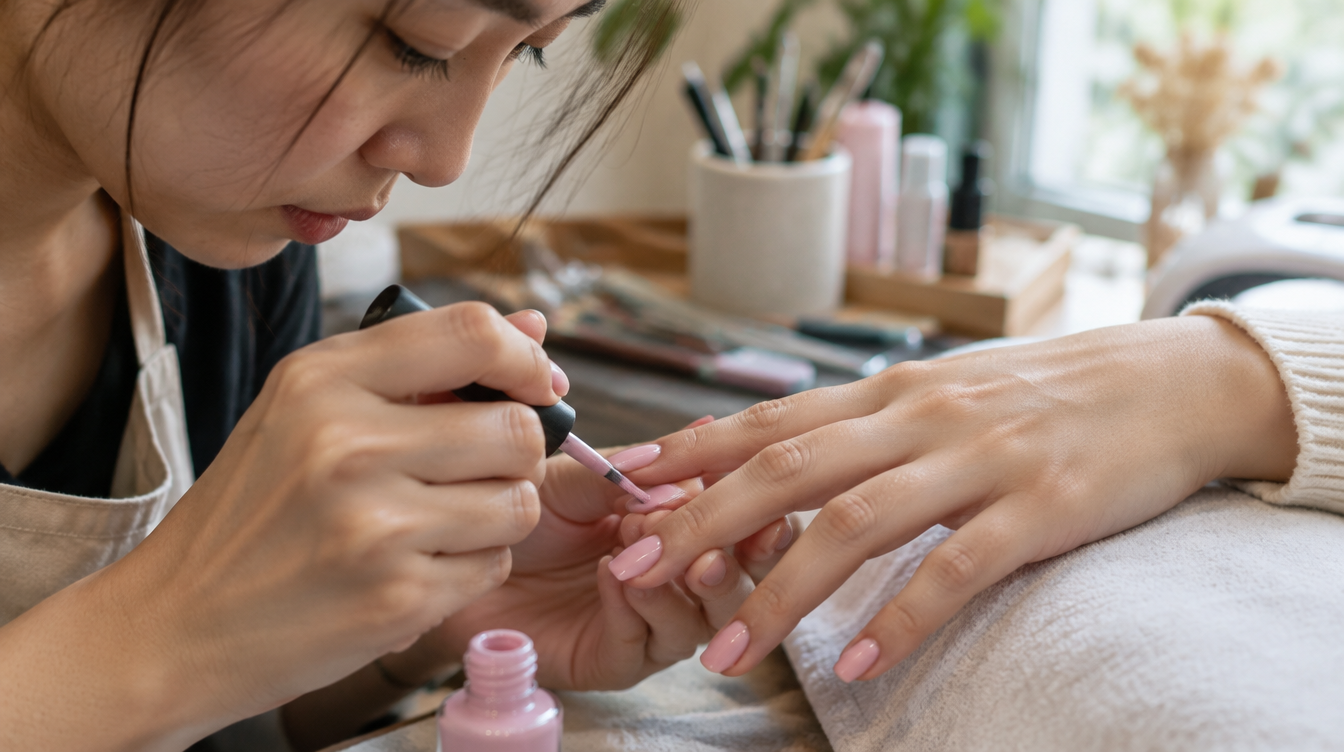 Detailed nail art manicure in progress, illustrative image