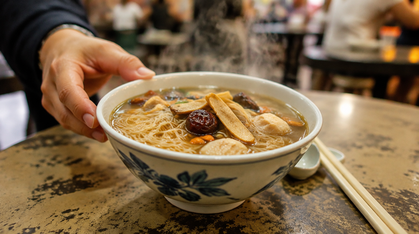 Bowl of herbal soup mee sua, illustrative image