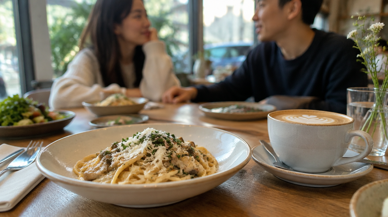 Brunch spread with pasta and coffee, illustrative image