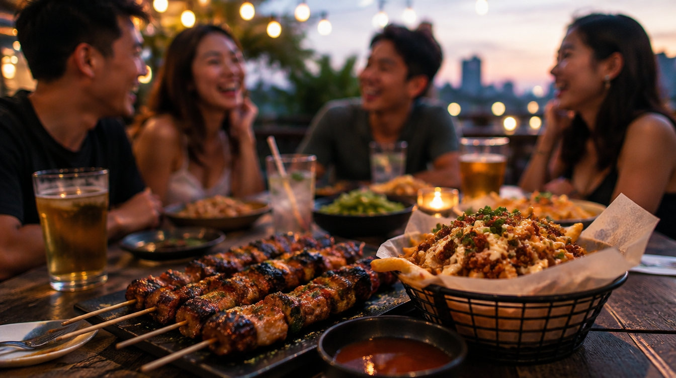 Friends sharing skewers and drinks, illustrative image