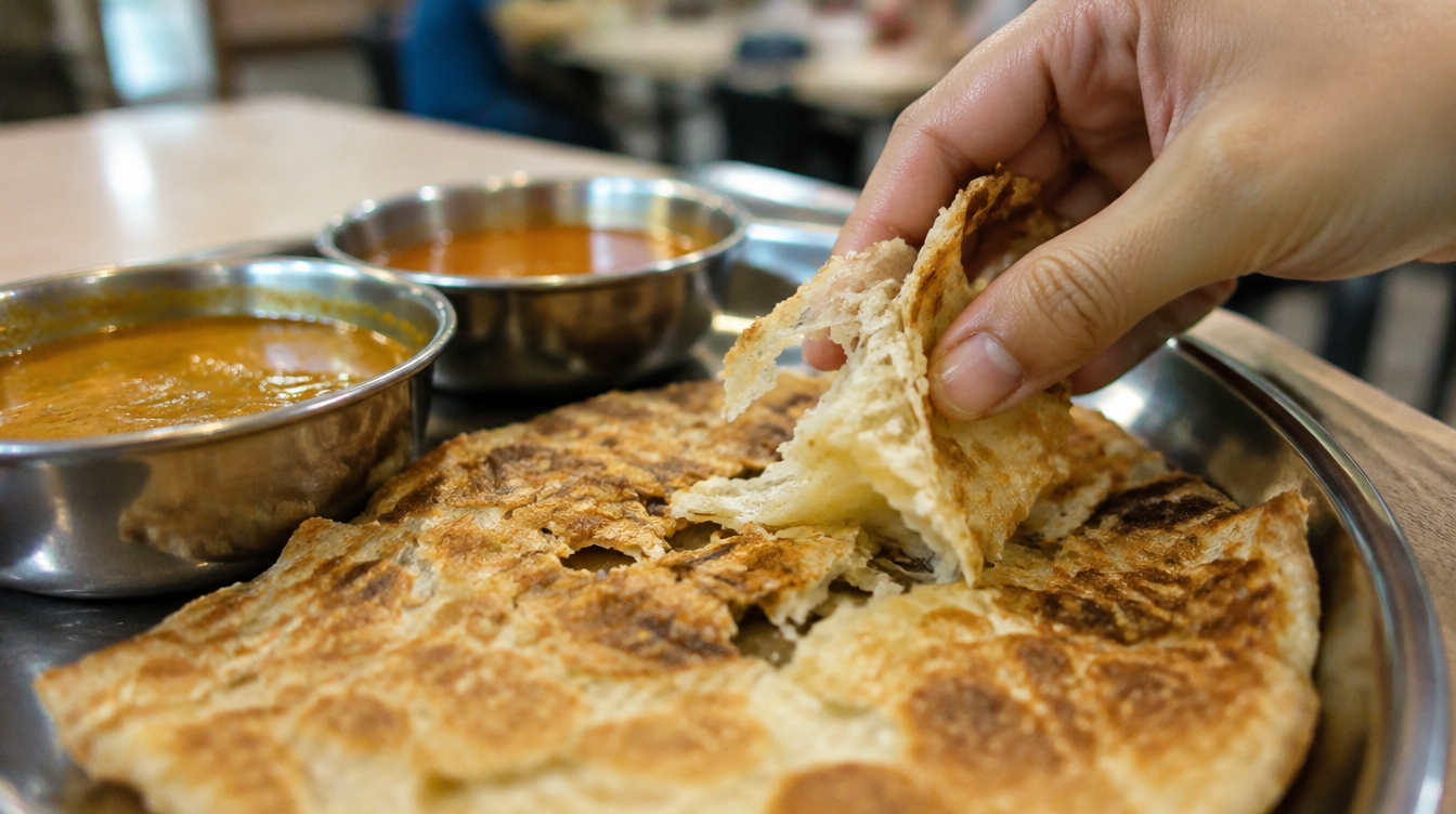 Prata and curry dishes on a table, illustrative image