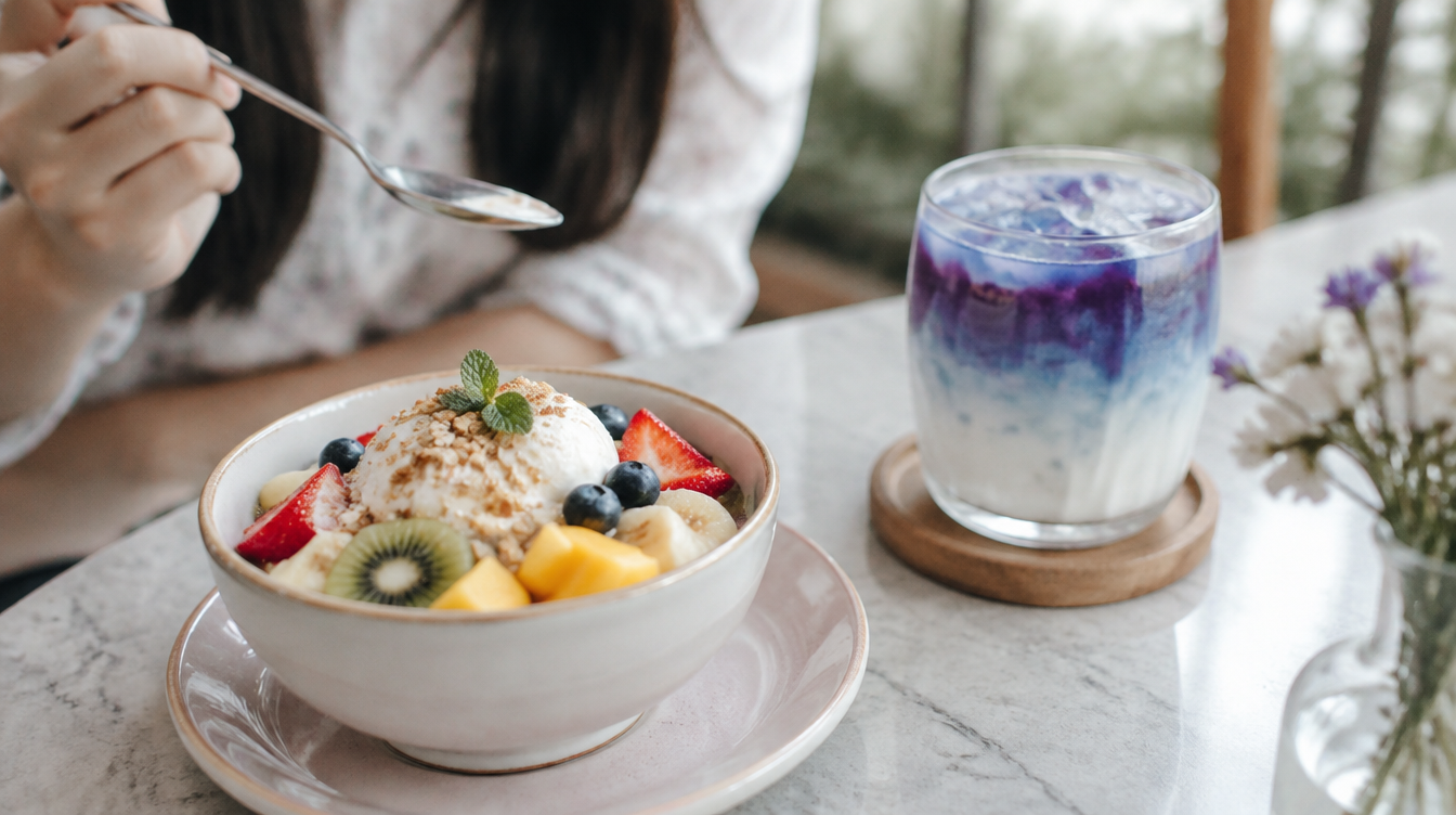 Fresh fruit dessert platter and drinks, illustrative image