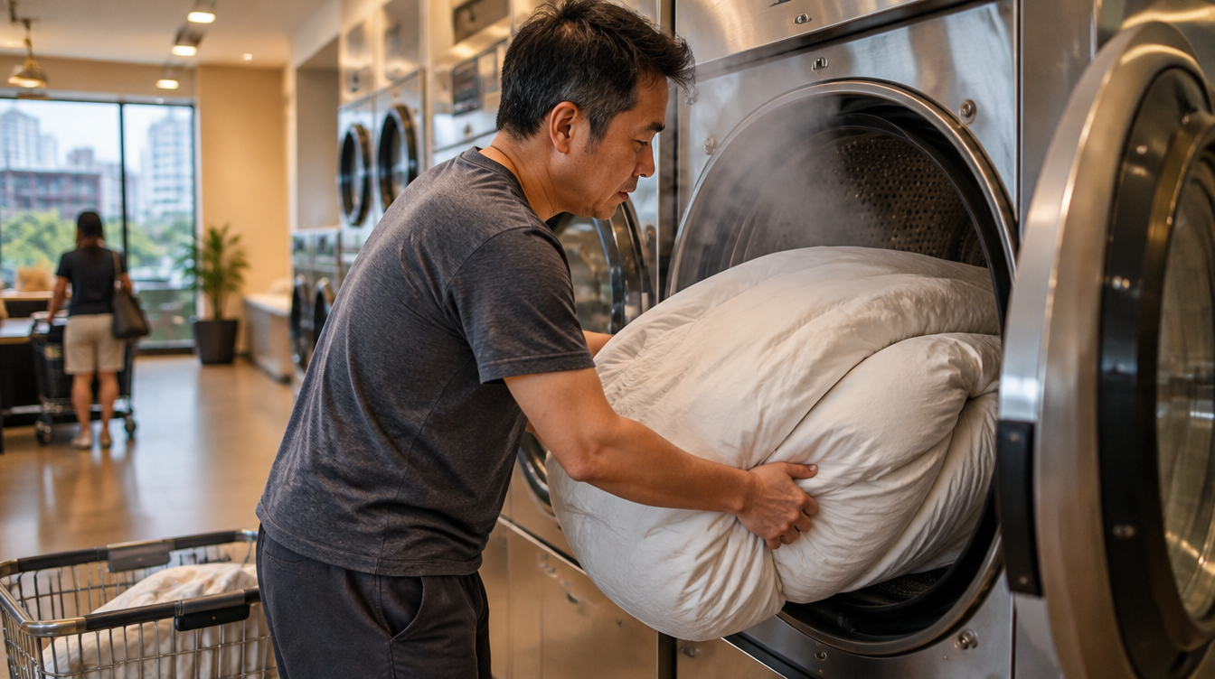 Loading a duvet into a large-capacity washer at a MacPherson laundromat