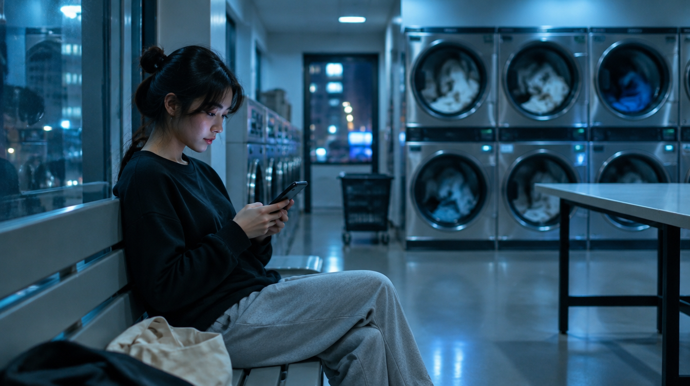 24-hour self-service laundromat at night in MacPherson