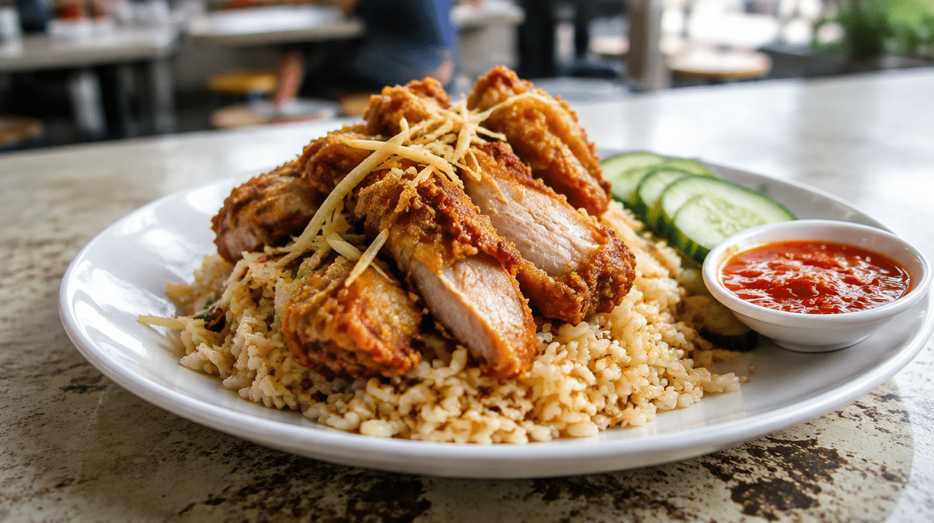 Ginger fried chicken rice plate at a Singapore hawker stall