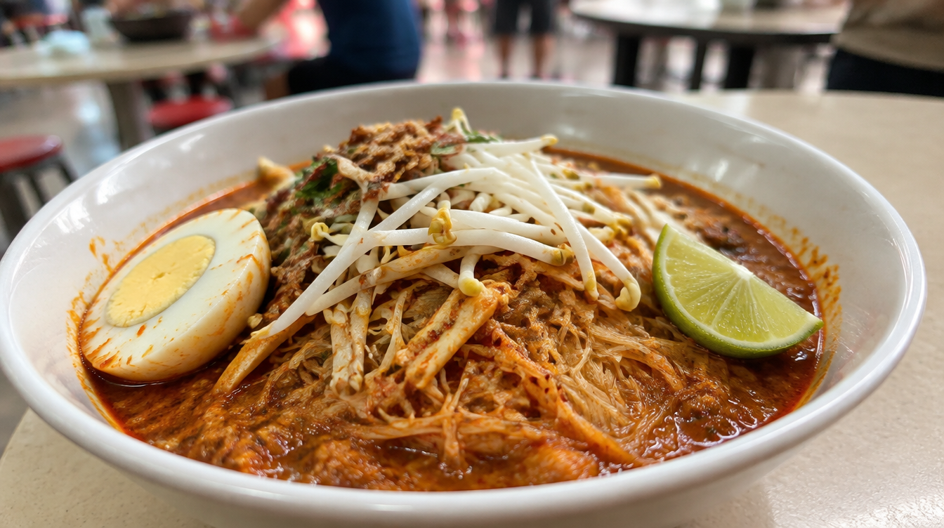 Bowl of mee siam with egg and bean sprouts
