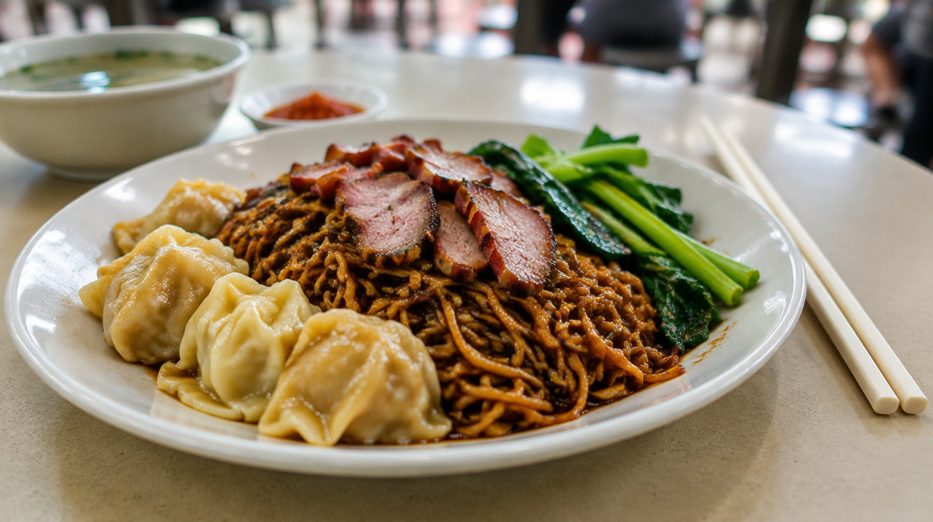 Char siew wonton noodles at a hawker stall