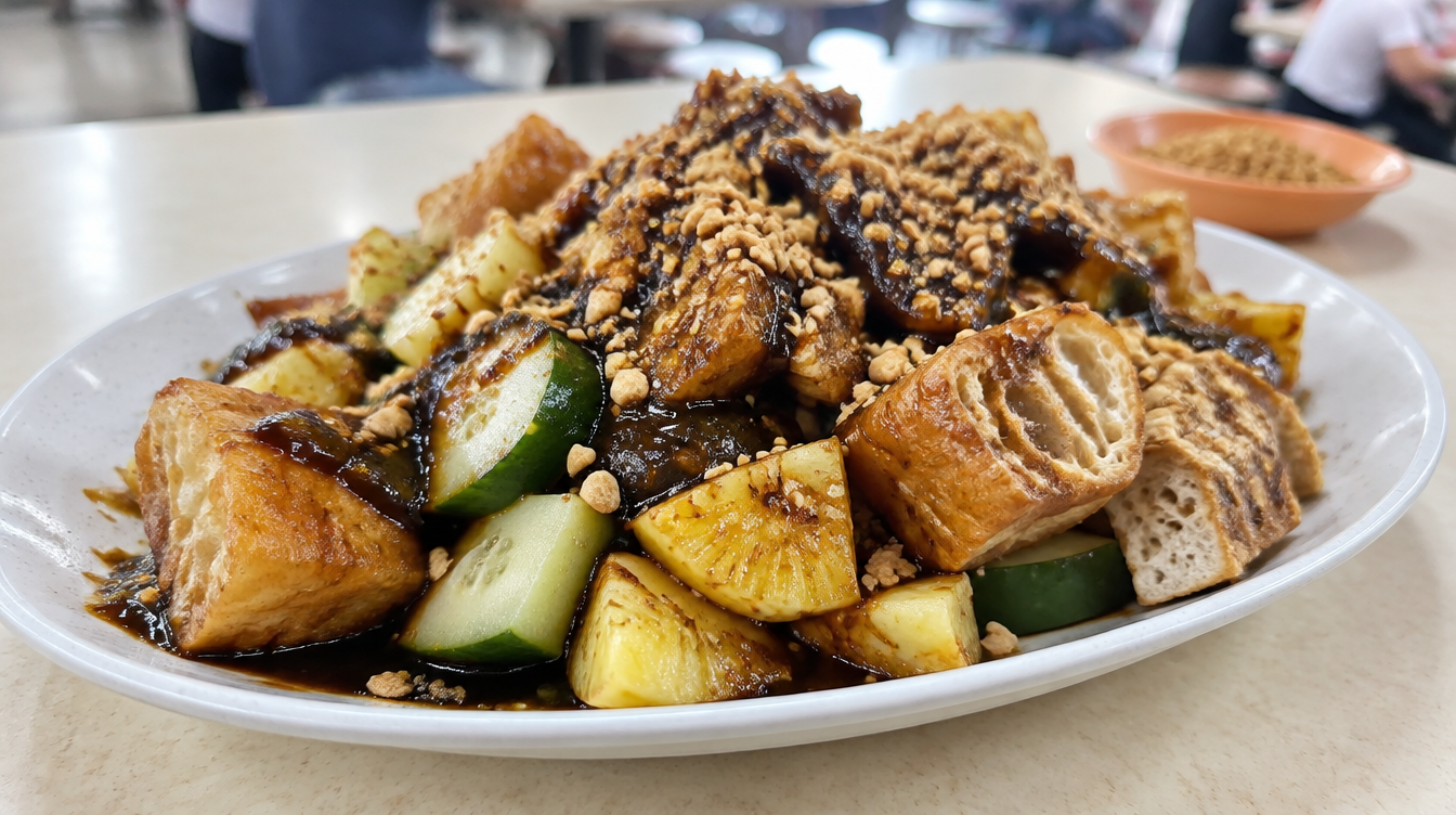Rojak plate with peanut sauce at a hawker stall