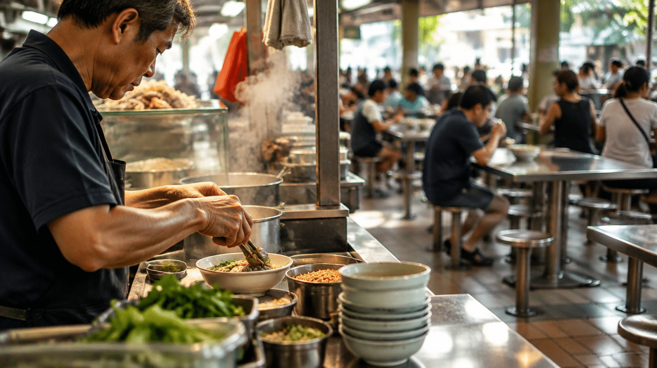 Busy hawker centre morning scene in a Singapore heartland estate